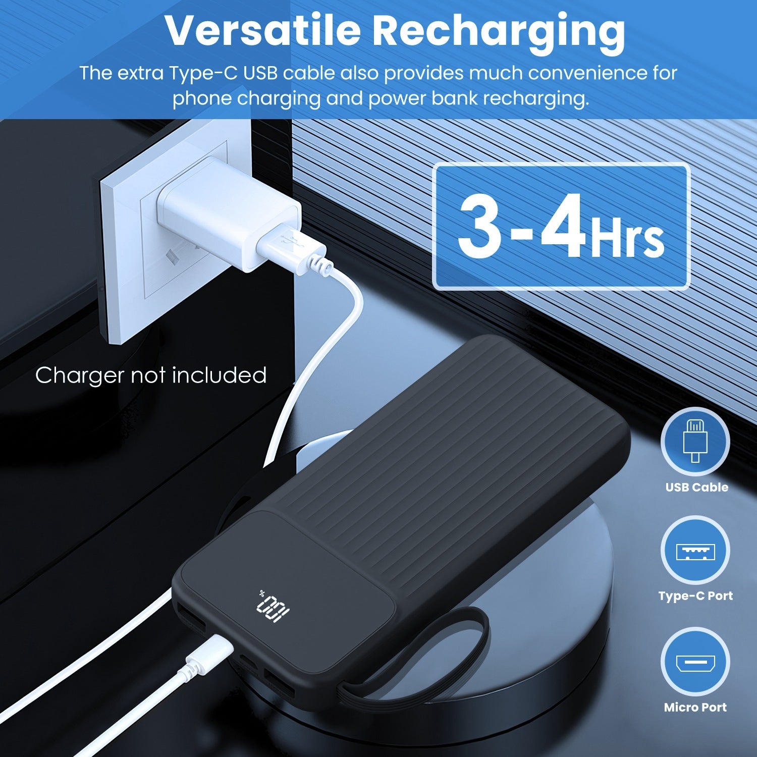 1Pc PD22W Fast Charger 20000mAh Fast Charging Power Bank Portable Charger With 4 Inbuilt Cables - Omnia