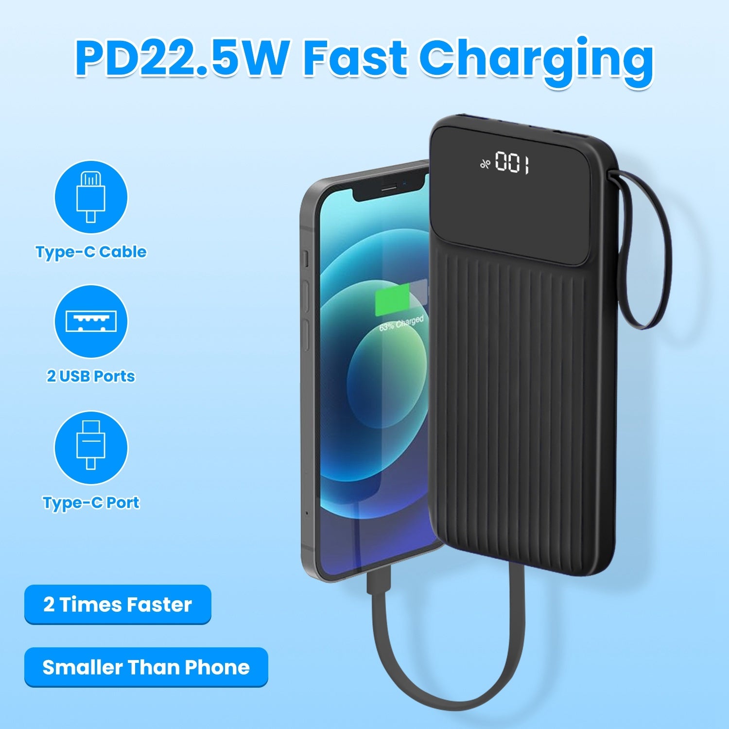 1Pc PD22W Fast Charger 20000mAh Fast Charging Power Bank Portable Charger With 4 Inbuilt Cables - Omnia