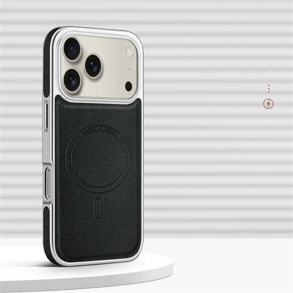 Luxury Plating Frame PU Leather Magnetic Shockproof Case For iPhone 17 Pro Max Air 16 15 14 13 For Magsafe Wireless Charge Cover - Omnia