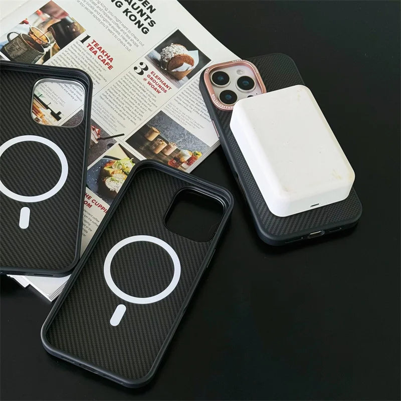 Matte Carbon Fiber Texture Magnetic Case For iPhone 16 15 14 Pro Max Wireless Charging Alloy Lens Shockproof MagSafe Phone Cover - Omnia