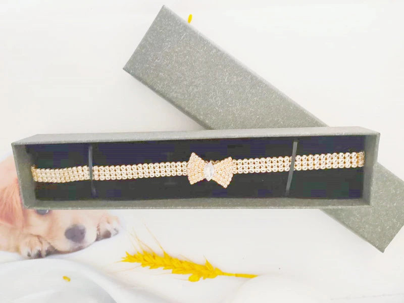Zircon Bow Tie Chihuahua Dog Collar Rose Gold Lobster Button Cat Necklace With Package Box Adjustable All Season Pet Accessories - Omnia