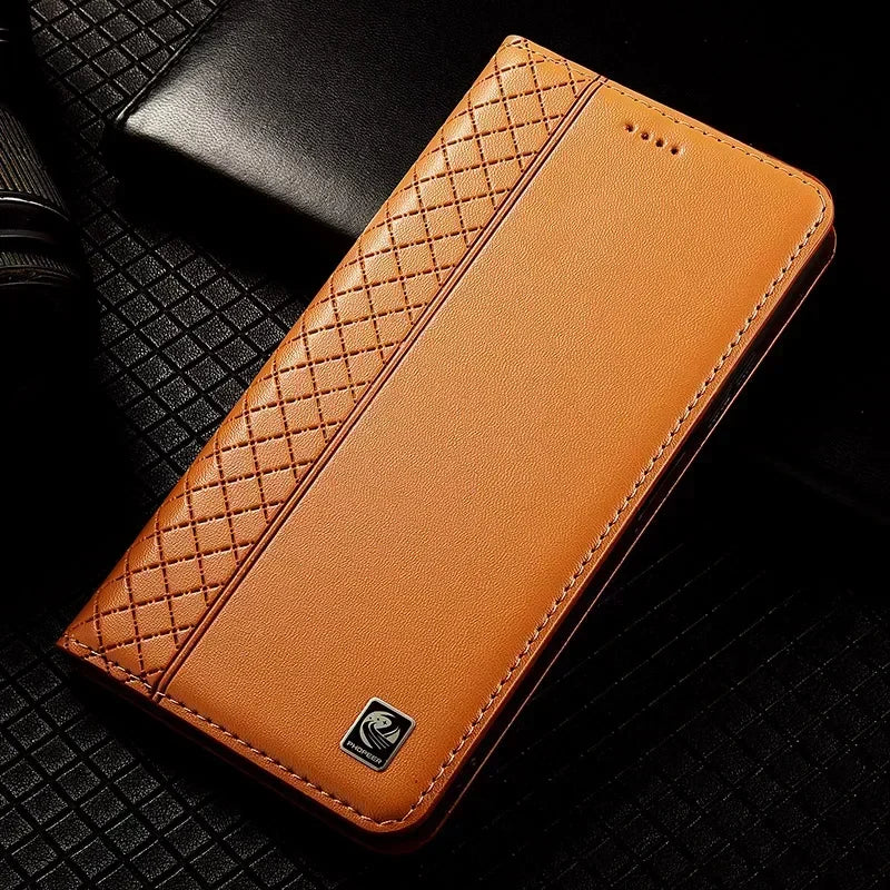 APPLE iPhone Flip Case Grid Pattern Magnetic Cover Cowhide Genuine Leather Wallet Covers - Omnia