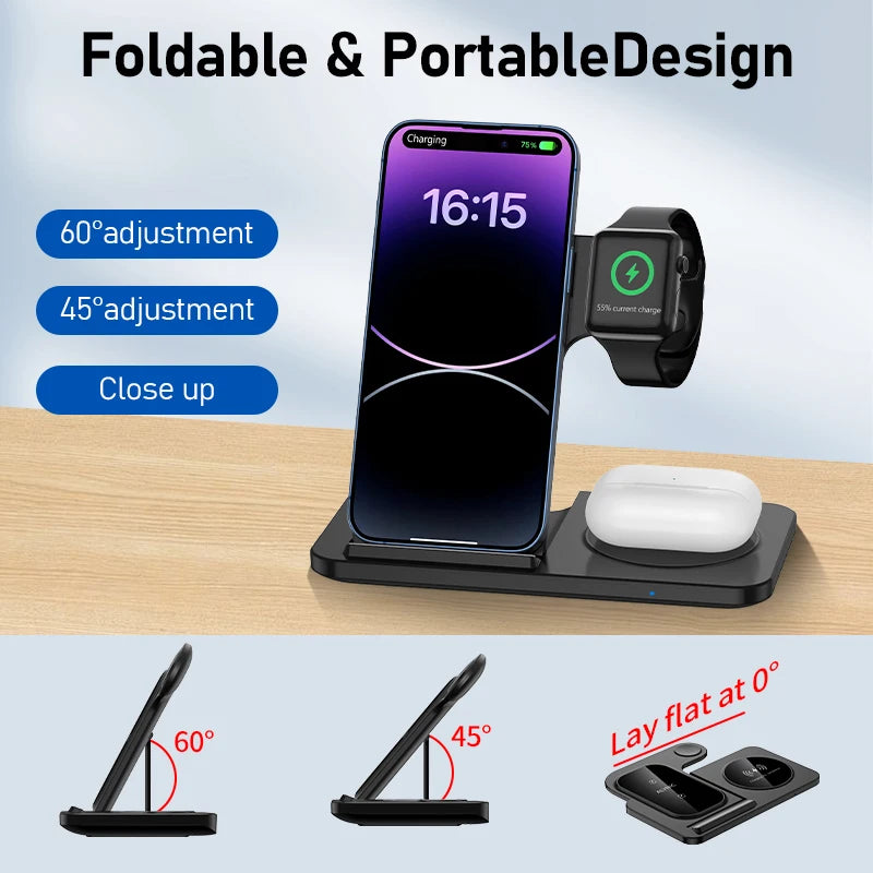 300W Fast Wireless Charger Stand Pad Foldable Fast Charging Station Dock for iPhone 16 15 14 13 12 Pro Max Apple Watch Airpods - Omnia