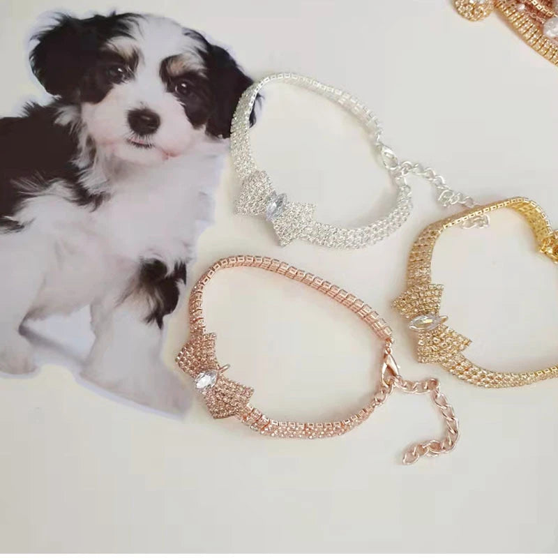 Zircon Bow Tie Chihuahua Dog Collar Rose Gold Lobster Button Cat Necklace With Package Box Adjustable All Season Pet Accessories - Omnia