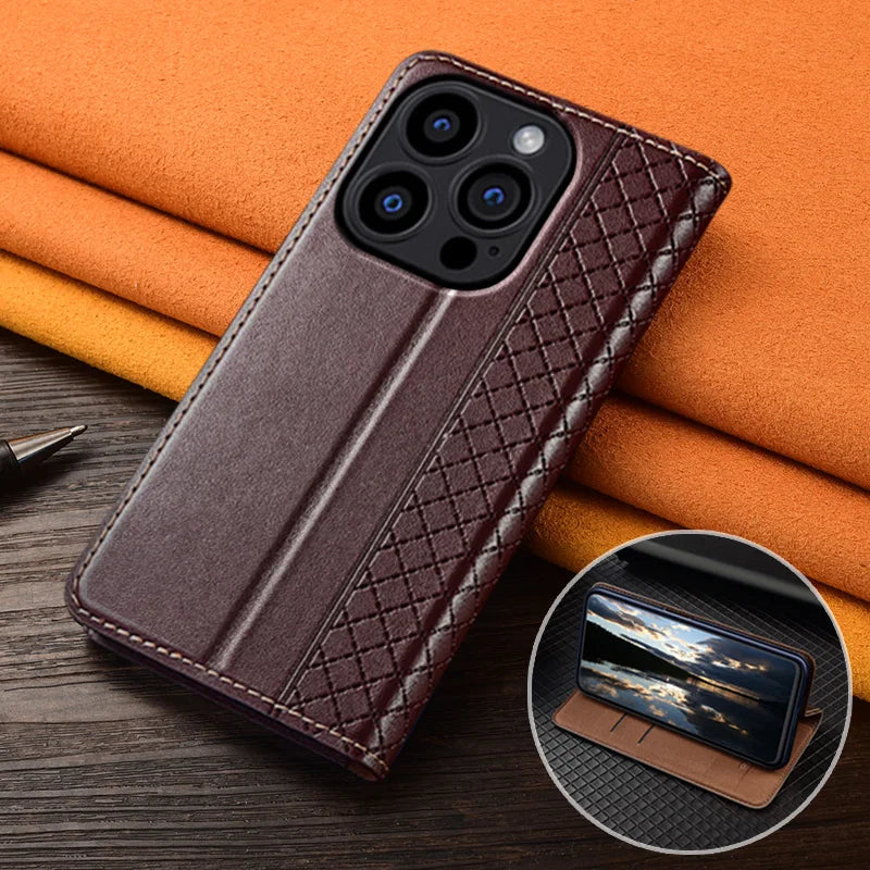APPLE iPhone Flip Case Grid Pattern Magnetic Cover Cowhide Genuine Leather Wallet Covers - Omnia