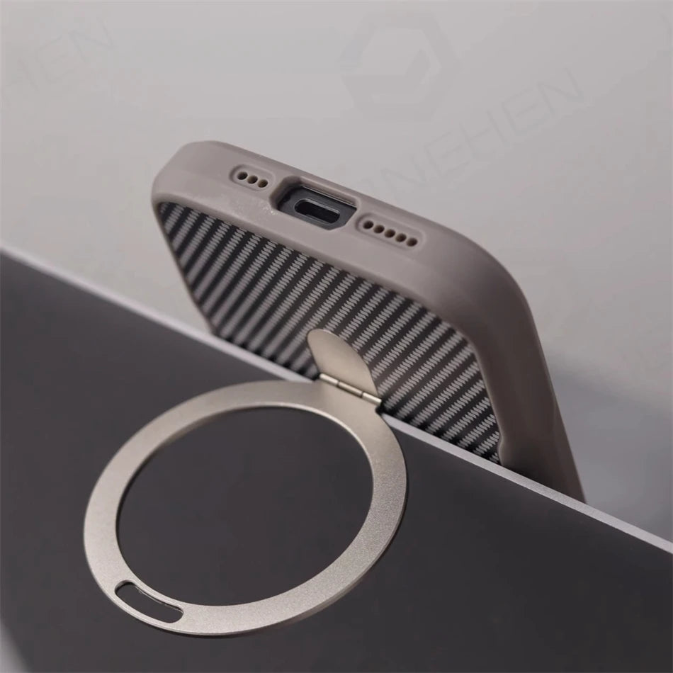 Luxury For Magsafe Shockproof Frame Armor Case For iPhone 13 15 12 14 16 17 Pro Max Metal Bracket Carbon Fiber Pattern Cover - Omnia