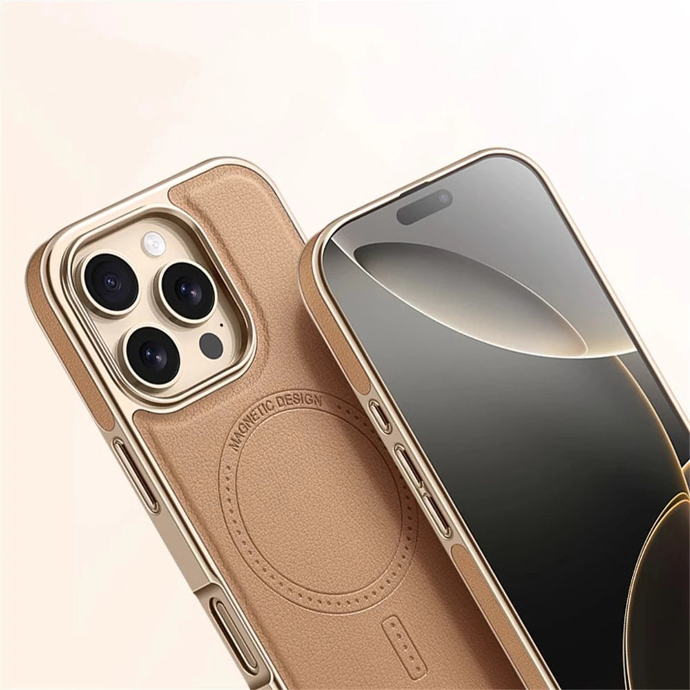 Luxury Plating Frame PU Leather Magnetic Shockproof Case For iPhone 17 Pro Max Air 16 15 14 13 For Magsafe Wireless Charge Cover - Omnia