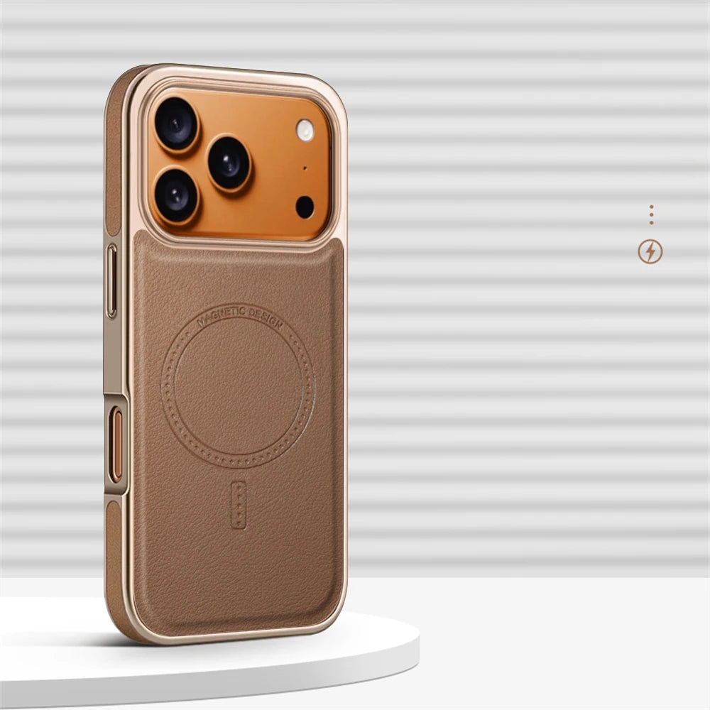 Luxury Plating Frame PU Leather Magnetic Shockproof Case For iPhone 17 Pro Max Air 16 15 14 13 For Magsafe Wireless Charge Cover - Omnia