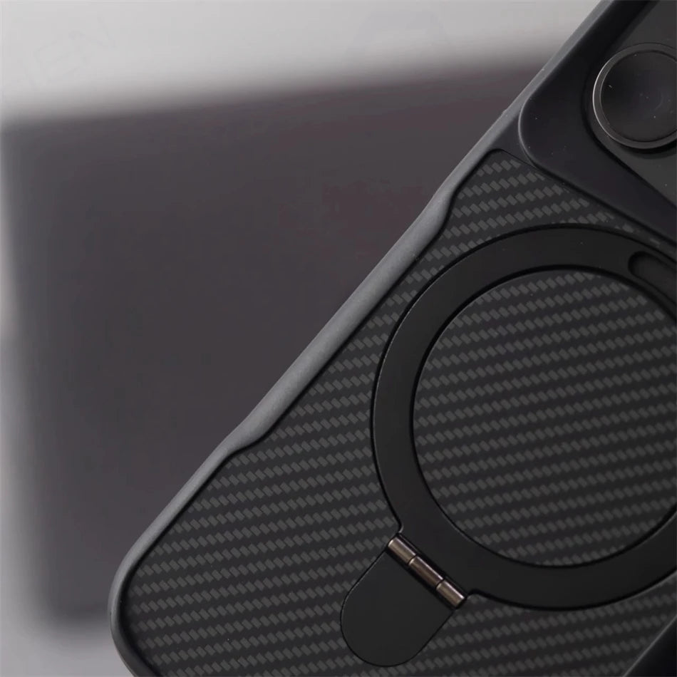 Luxury For Magsafe Shockproof Frame Armor Case For iPhone 13 15 12 14 16 17 Pro Max Metal Bracket Carbon Fiber Pattern Cover - Omnia