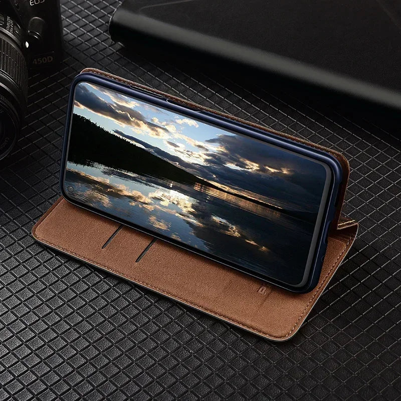 APPLE iPhone Flip Case Grid Pattern Magnetic Cover Cowhide Genuine Leather Wallet Covers - Omnia