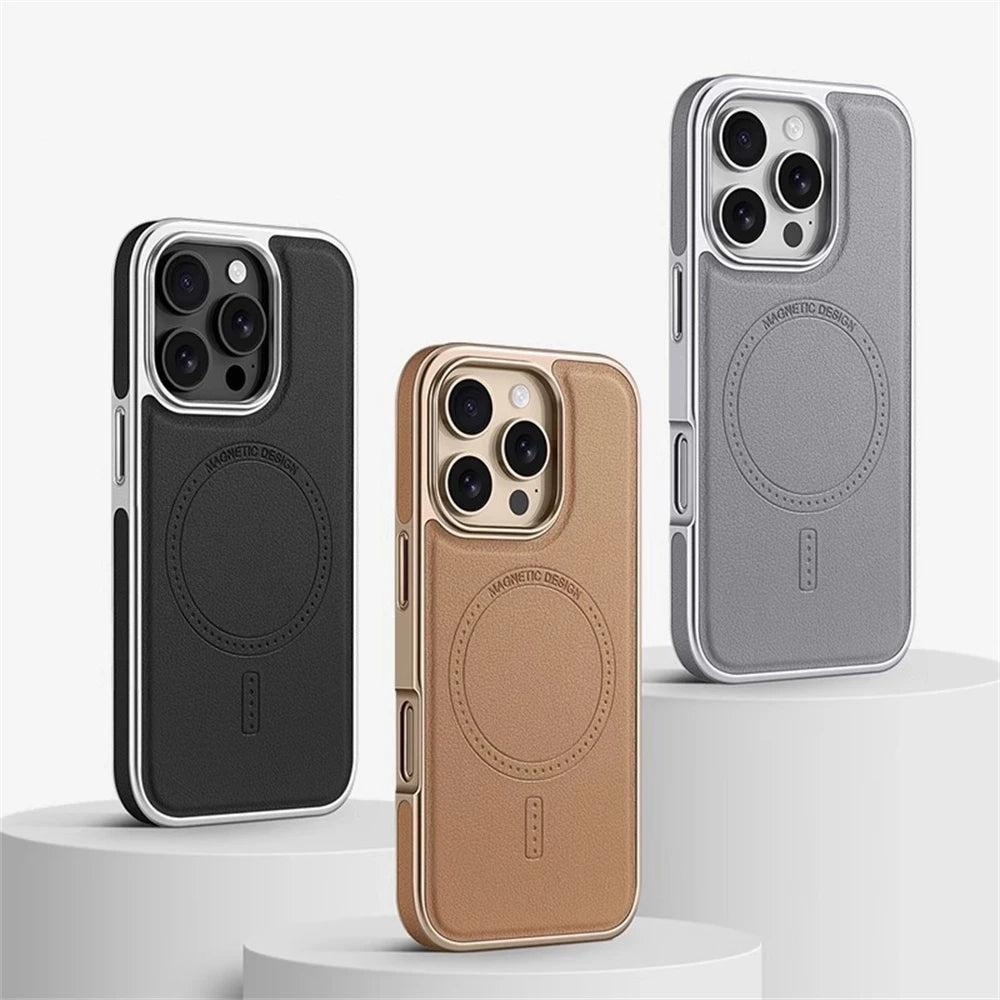 Luxury Plating Frame PU Leather Magnetic Shockproof Case For iPhone 17 Pro Max Air 16 15 14 13 For Magsafe Wireless Charge Cover - Omnia