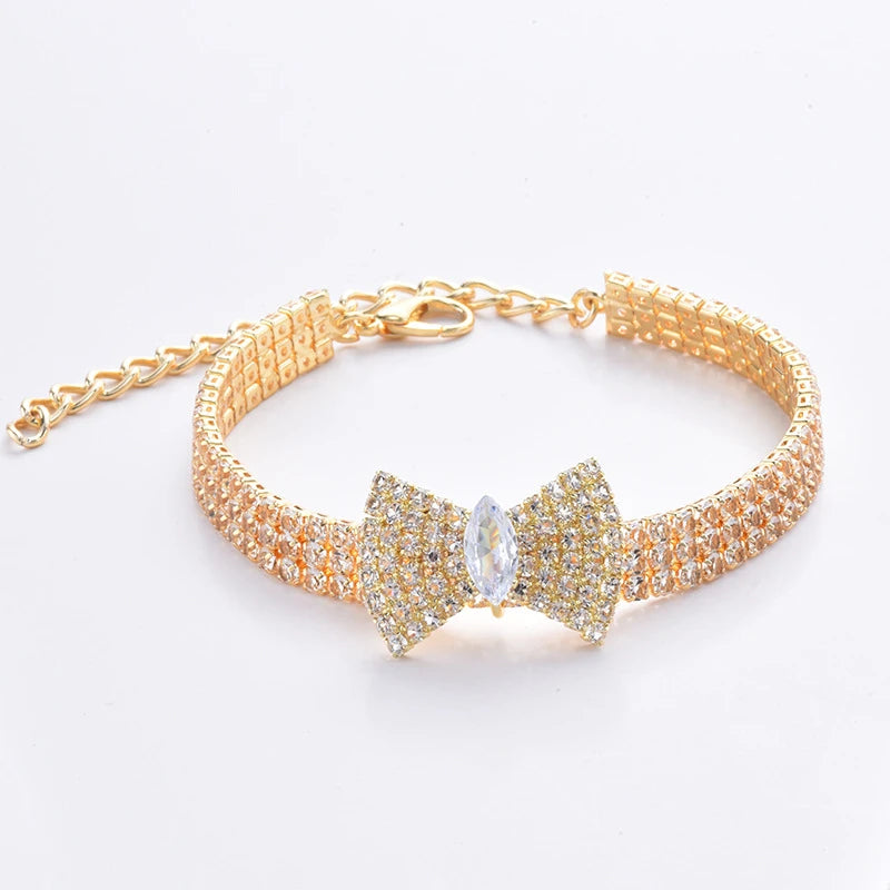Zircon Bow Tie Chihuahua Dog Collar Rose Gold Lobster Button Cat Necklace With Package Box Adjustable All Season Pet Accessories - Omnia