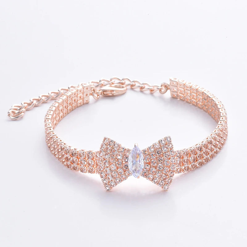 Zircon Bow Tie Chihuahua Dog Collar Rose Gold Lobster Button Cat Necklace With Package Box Adjustable All Season Pet Accessories - Omnia