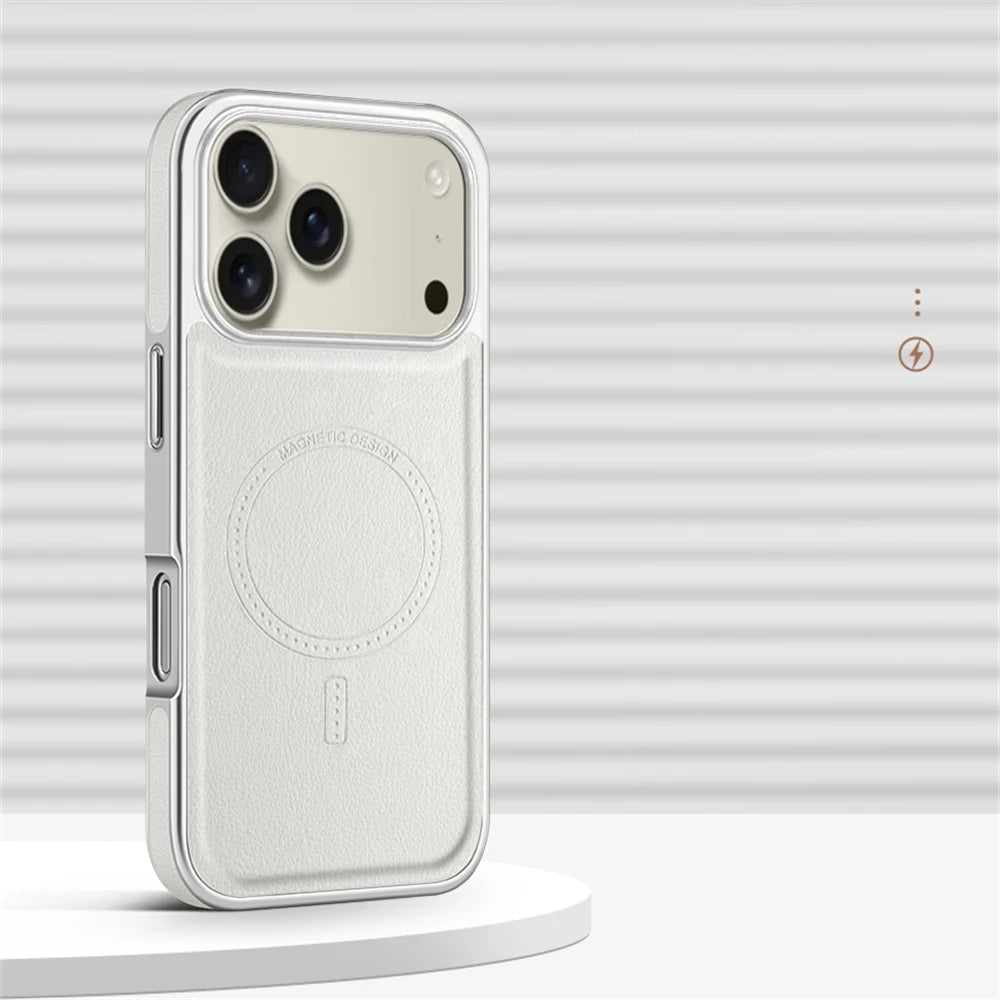 Luxury Plating Frame PU Leather Magnetic Shockproof Case For iPhone 17 Pro Max Air 16 15 14 13 For Magsafe Wireless Charge Cover - Omnia