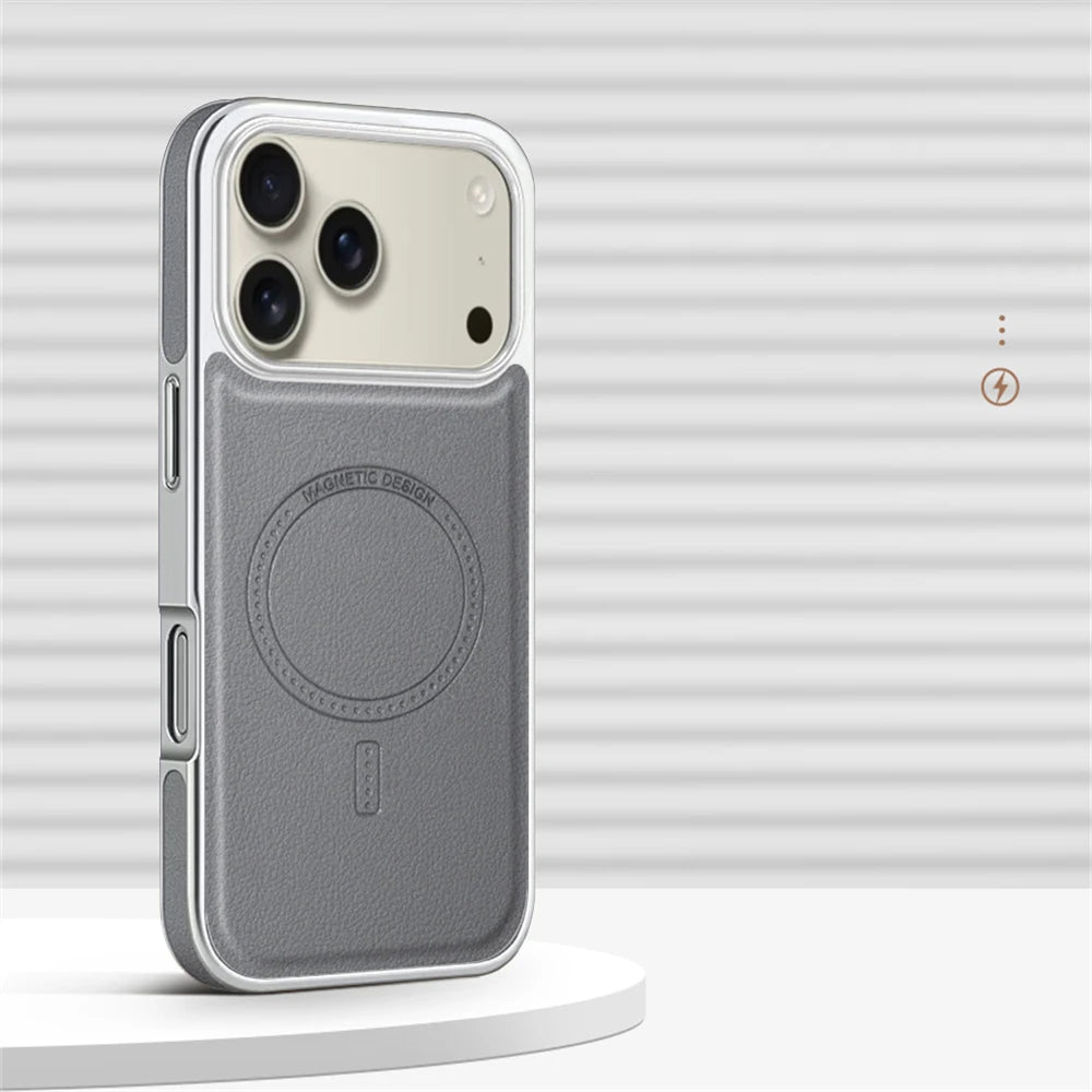 Luxury Plating Frame PU Leather Magnetic Shockproof Case For iPhone 17 Pro Max Air 16 15 14 13 For Magsafe Wireless Charge Cover - Omnia