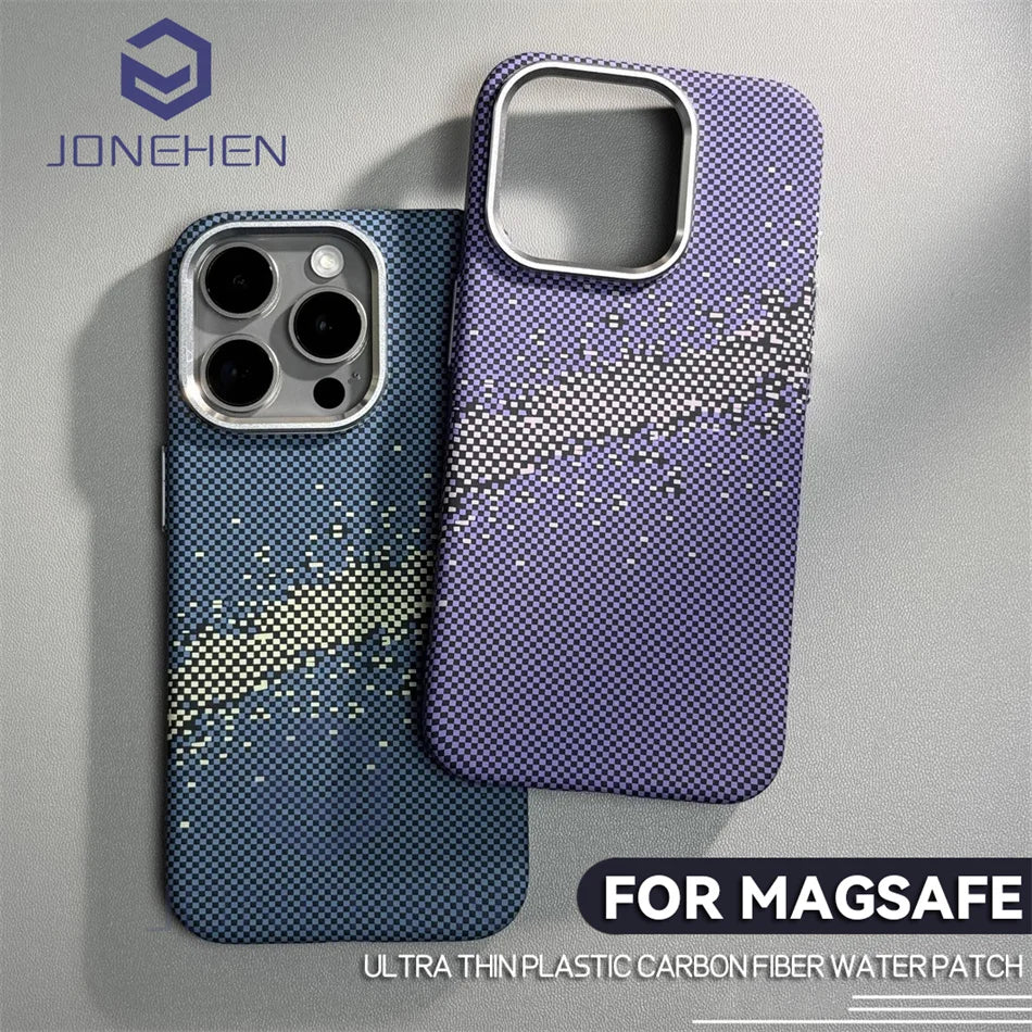Magnetic Cloud Carbon Pixels Texture For MagSafe Case Alloy Lens For iPhone 13 14 15 Pro Max Wireless Charge Slim Hard PC Cover - Omnia