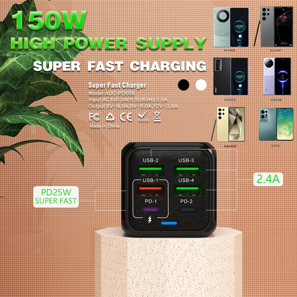 150W 6 Ports Pd QC 4.0 Usb C Fast Charger Wall Adapter Super Fast Charging For Iphone Samsung Ipad Xiaomi Huawei Oneplus Oppo - Omnia 