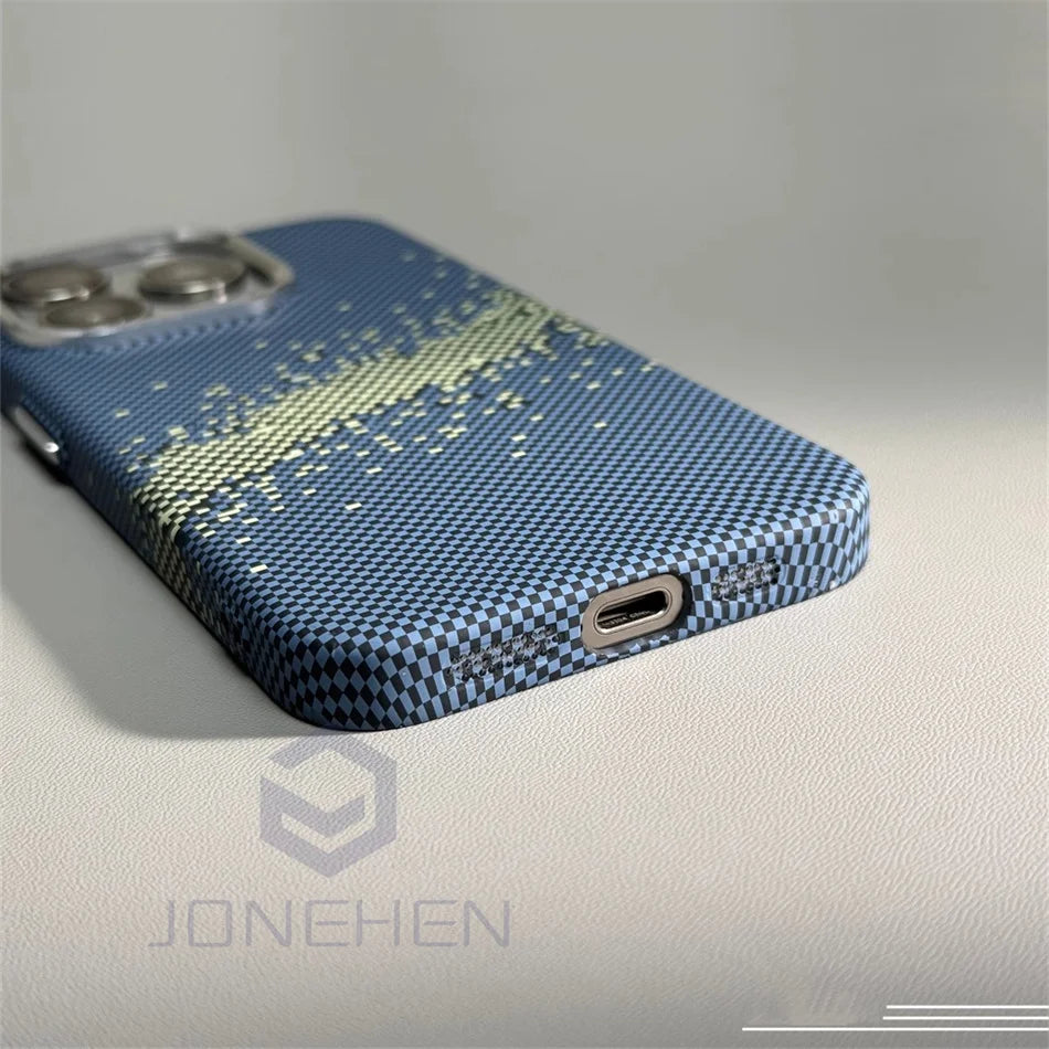 Magnetic Cloud Carbon Pixels Texture For MagSafe Case Alloy Lens For iPhone 13 14 15 Pro Max Wireless Charge Slim Hard PC Cover - Omnia 