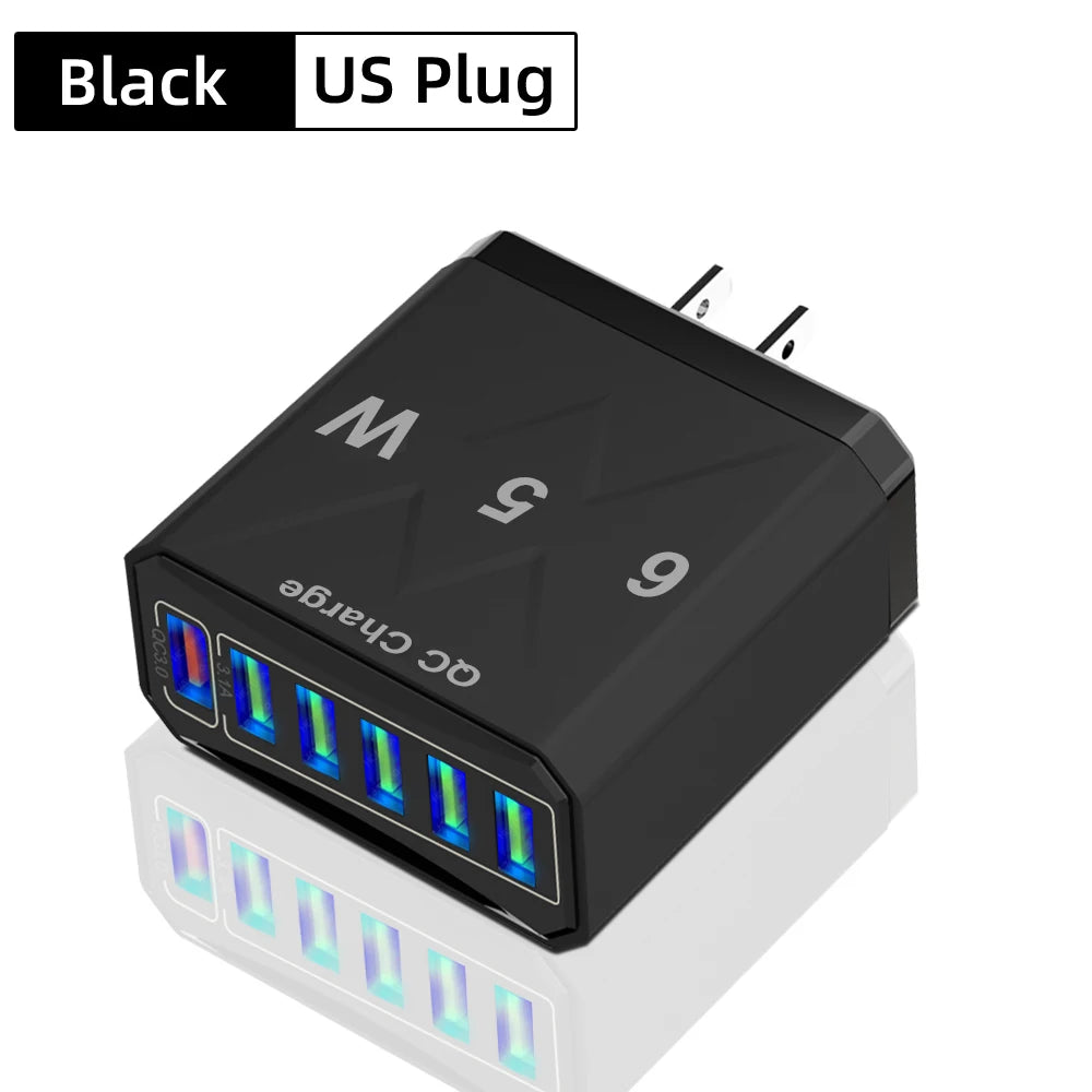 65W 6 Ports USB Charger Fast Charging QC3.0 Travel Charger For iPhone 14 Samsung Xiaomi Mobile Phone Adapter EU KR US UK Plug - Omnia 