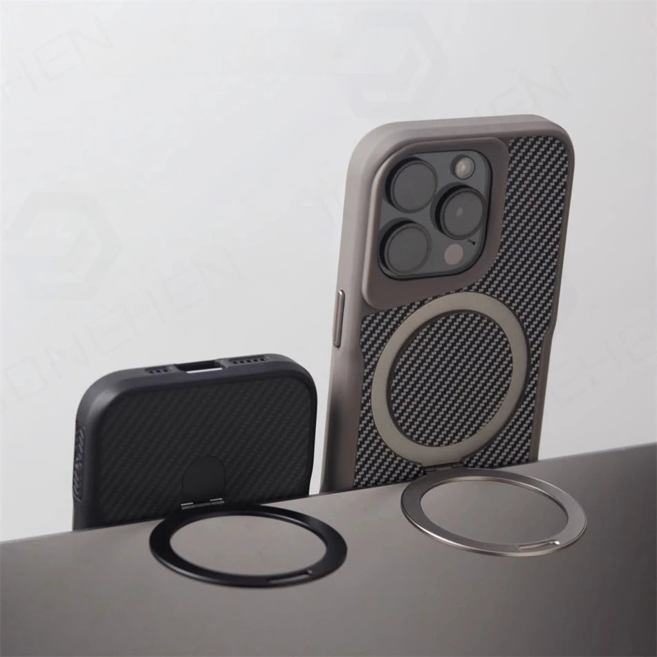 Luxury For Magsafe Shockproof Frame Armor Case For iPhone 13 15 12 14 16 17 Pro Max Metal Bracket Carbon Fiber Pattern Cover - Omnia 