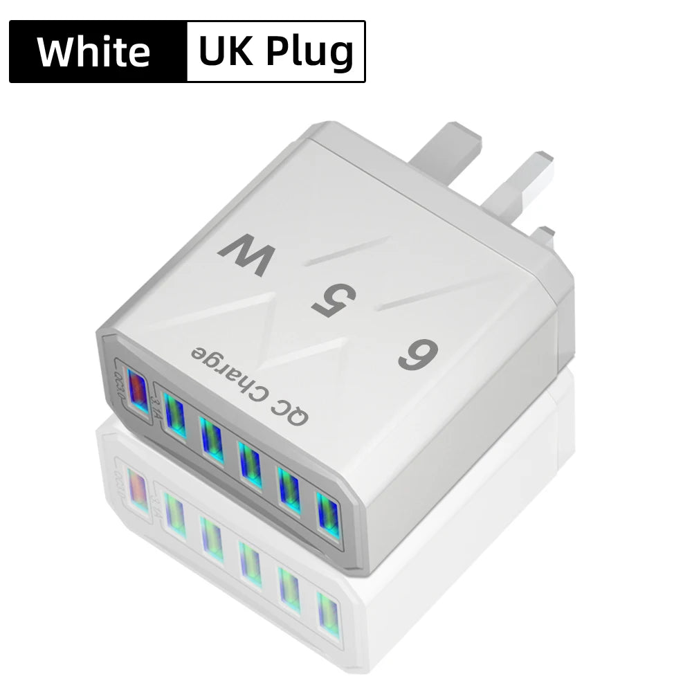 65W 6 Ports USB Charger Fast Charging QC3.0 Travel Charger For iPhone 14 Samsung Xiaomi Mobile Phone Adapter EU KR US UK Plug - Omnia 