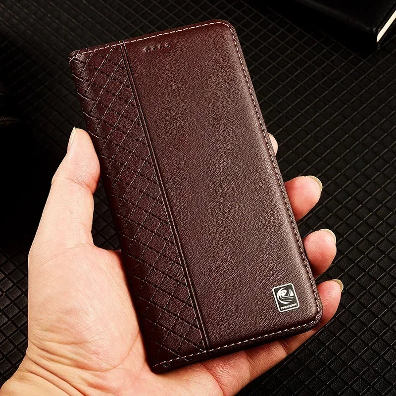 APPLE iPhone Flip Case Grid Pattern Magnetic Cover Cowhide Genuine Leather Wallet Covers - Omnia 