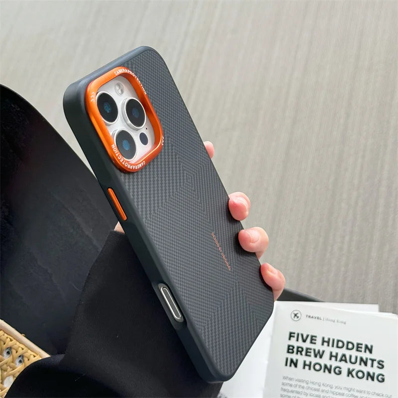 Matte Carbon Fiber Texture Magnetic Case For iPhone 16 15 14 Pro Max Wireless Charging Alloy Lens Shockproof MagSafe Phone Cover - Omnia 