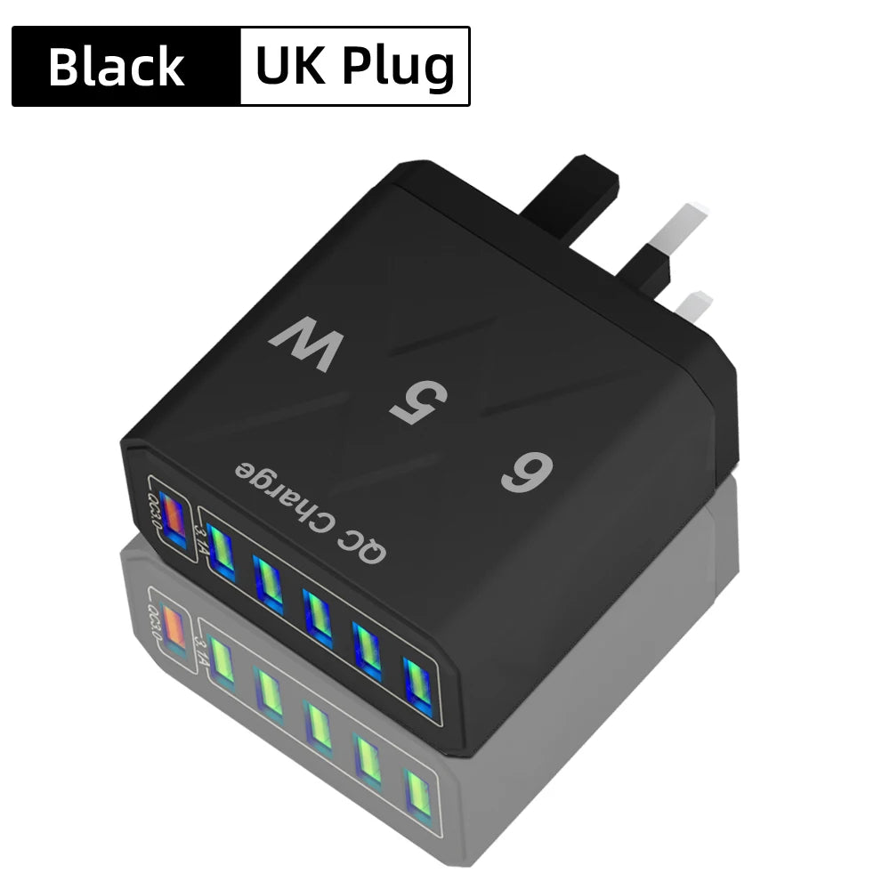 65W 6 Ports USB Charger Fast Charging QC3.0 Travel Charger For iPhone 14 Samsung Xiaomi Mobile Phone Adapter EU KR US UK Plug - Omnia 