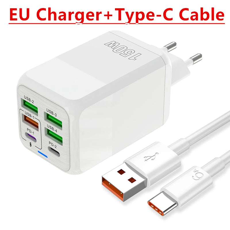 150W 6 Ports Pd QC 4.0 Usb C Fast Charger Wall Adapter Super Fast Charging For Iphone Samsung Ipad Xiaomi Huawei Oneplus Oppo - Omnia 