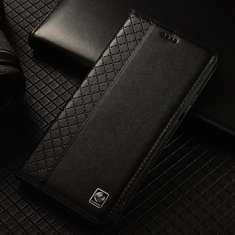 APPLE iPhone Flip Case Grid Pattern Magnetic Cover Cowhide Genuine Leather Wallet Covers - Omnia 