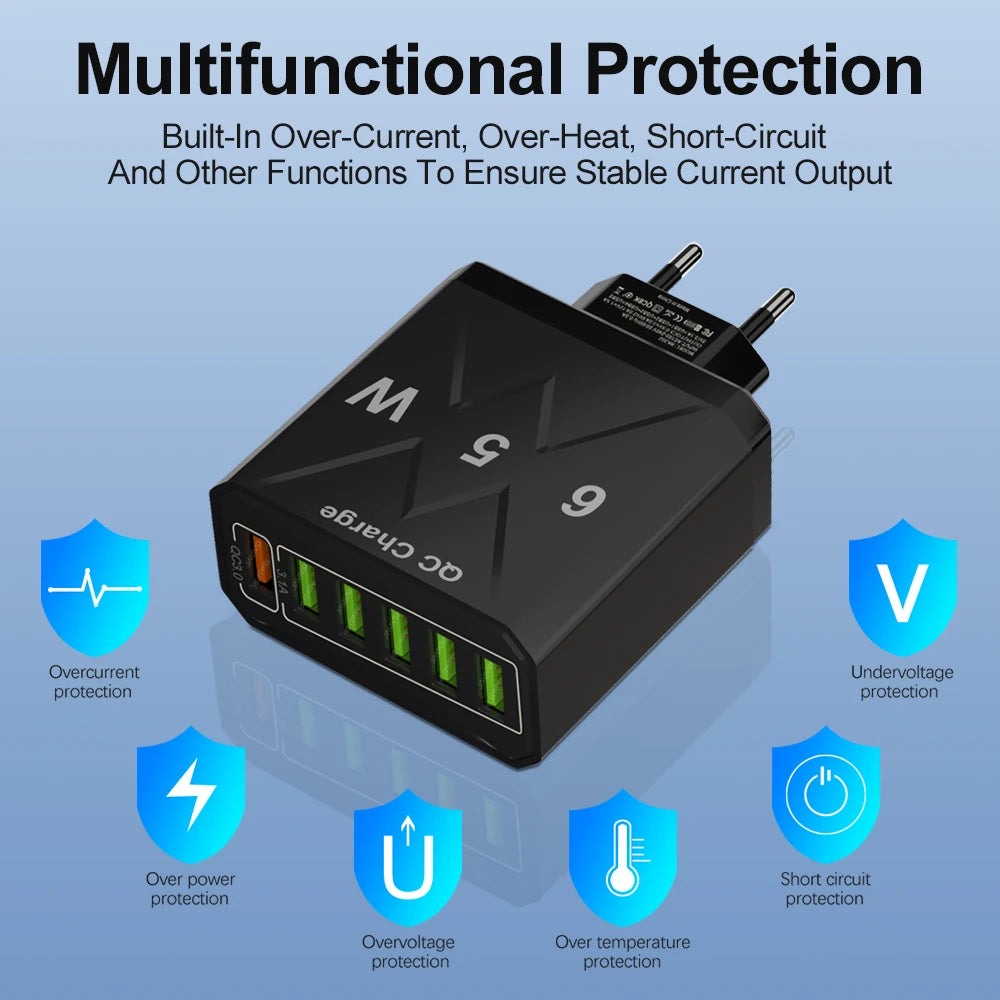 65W 6 Ports USB Charger Fast Charging QC3.0 Travel Charger For iPhone 14 Samsung Xiaomi Mobile Phone Adapter EU KR US UK Plug - Omnia 