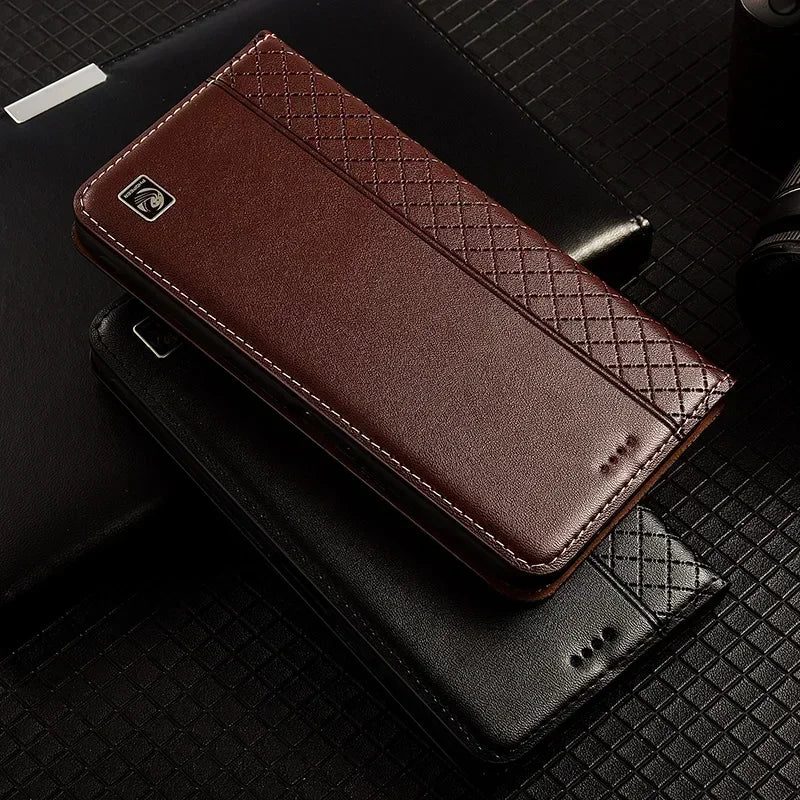 APPLE iPhone Flip Case Grid Pattern Magnetic Cover Cowhide Genuine Leather Wallet Covers - Omnia 