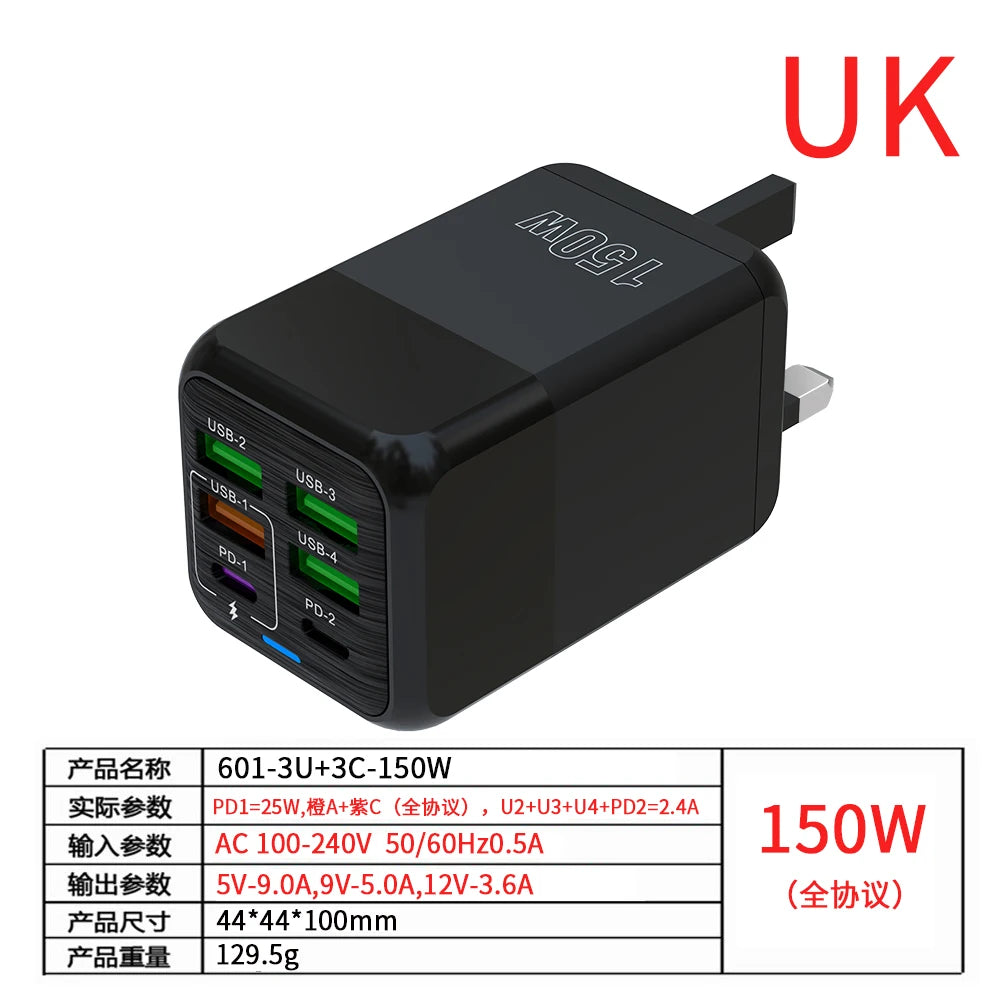 150W 6 Ports Pd QC 4.0 Usb C Fast Charger Wall Adapter Super Fast Charging For Iphone Samsung Ipad Xiaomi Huawei Oneplus Oppo - Omnia 