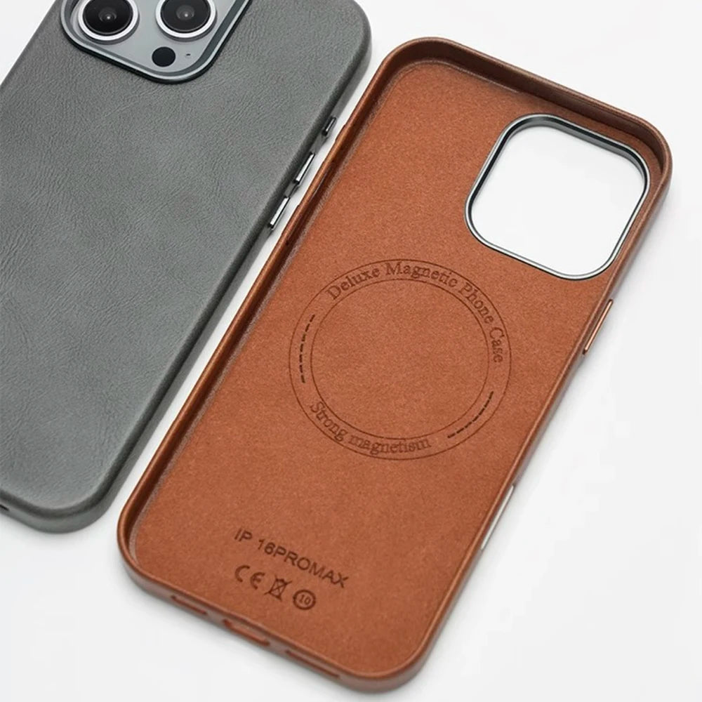 Premium Vintage Leather Magnetic Phone Case for IPhone 16 14 13 15 Pro Max Wireless Charging Alloy Camera Shockproof Back Cover - Omnia 