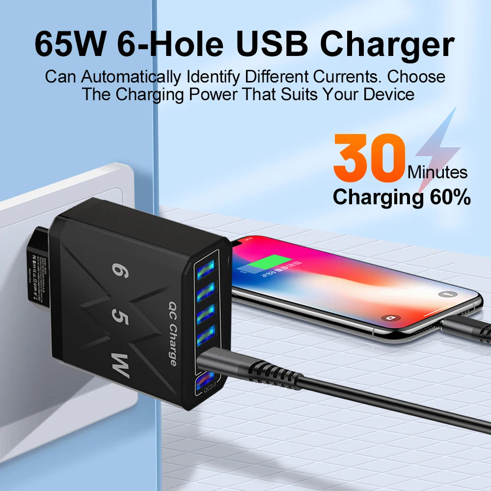 65W 6 Ports USB Charger Fast Charging QC3.0 Travel Charger For iPhone 14 Samsung Xiaomi Mobile Phone Adapter EU KR US UK Plug - Omnia 