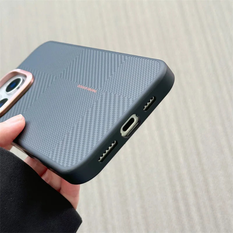 Matte Carbon Fiber Texture Magnetic Case For iPhone 16 15 14 Pro Max Wireless Charging Alloy Lens Shockproof MagSafe Phone Cover - Omnia 