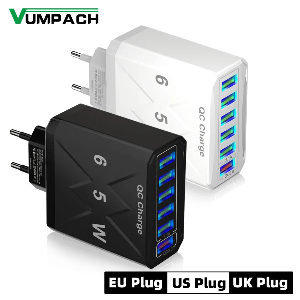 65W 6 Ports USB Charger Fast Charging QC3.0 Travel Charger For iPhone 14 Samsung Xiaomi Mobile Phone Adapter EU KR US UK Plug - Omnia 