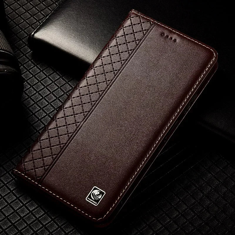 APPLE iPhone Flip Case Grid Pattern Magnetic Cover Cowhide Genuine Leather Wallet Covers - Omnia 