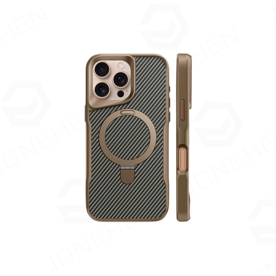 Luxury For Magsafe Shockproof Frame Armor Case For iPhone 13 15 12 14 16 17 Pro Max Metal Bracket Carbon Fiber Pattern Cover - Omnia 