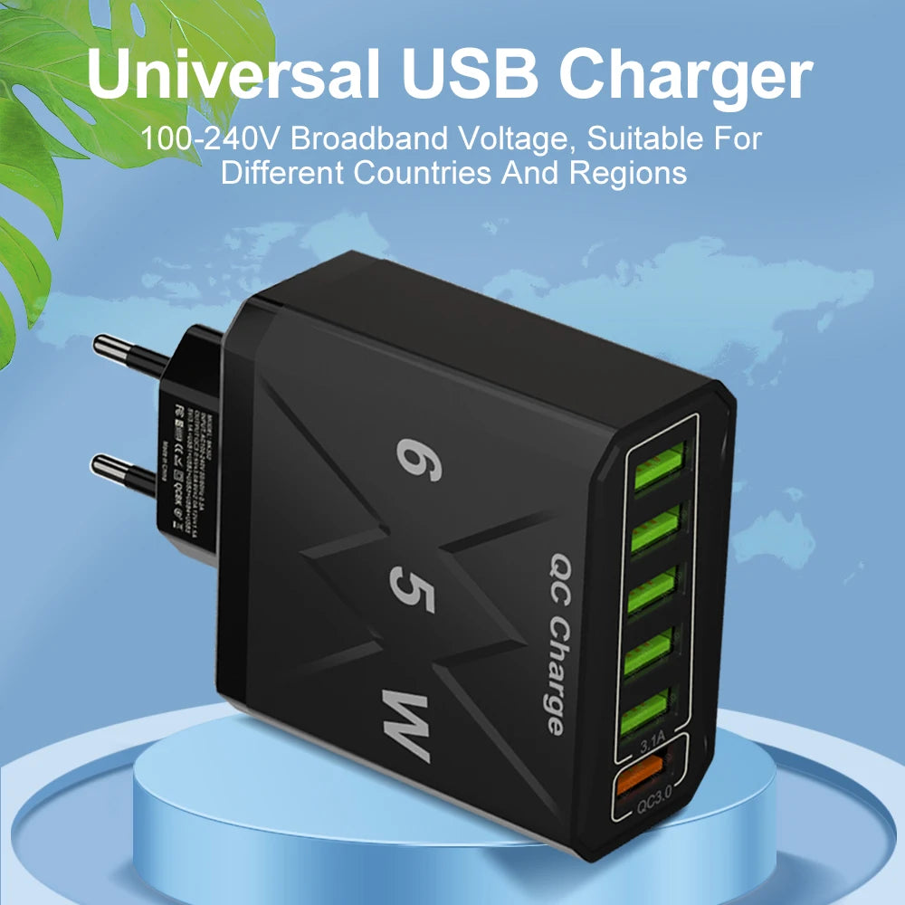 65W 6 Ports USB Charger Fast Charging QC3.0 Travel Charger For iPhone 14 Samsung Xiaomi Mobile Phone Adapter EU KR US UK Plug - Omnia 