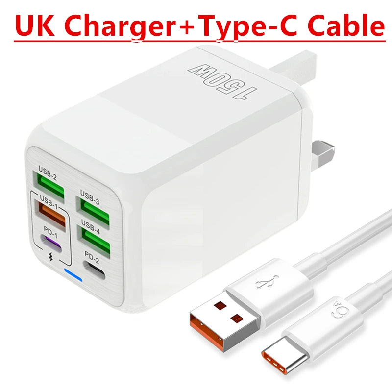 150W 6 Ports Pd QC 4.0 Usb C Fast Charger Wall Adapter Super Fast Charging For Iphone Samsung Ipad Xiaomi Huawei Oneplus Oppo - Omnia 