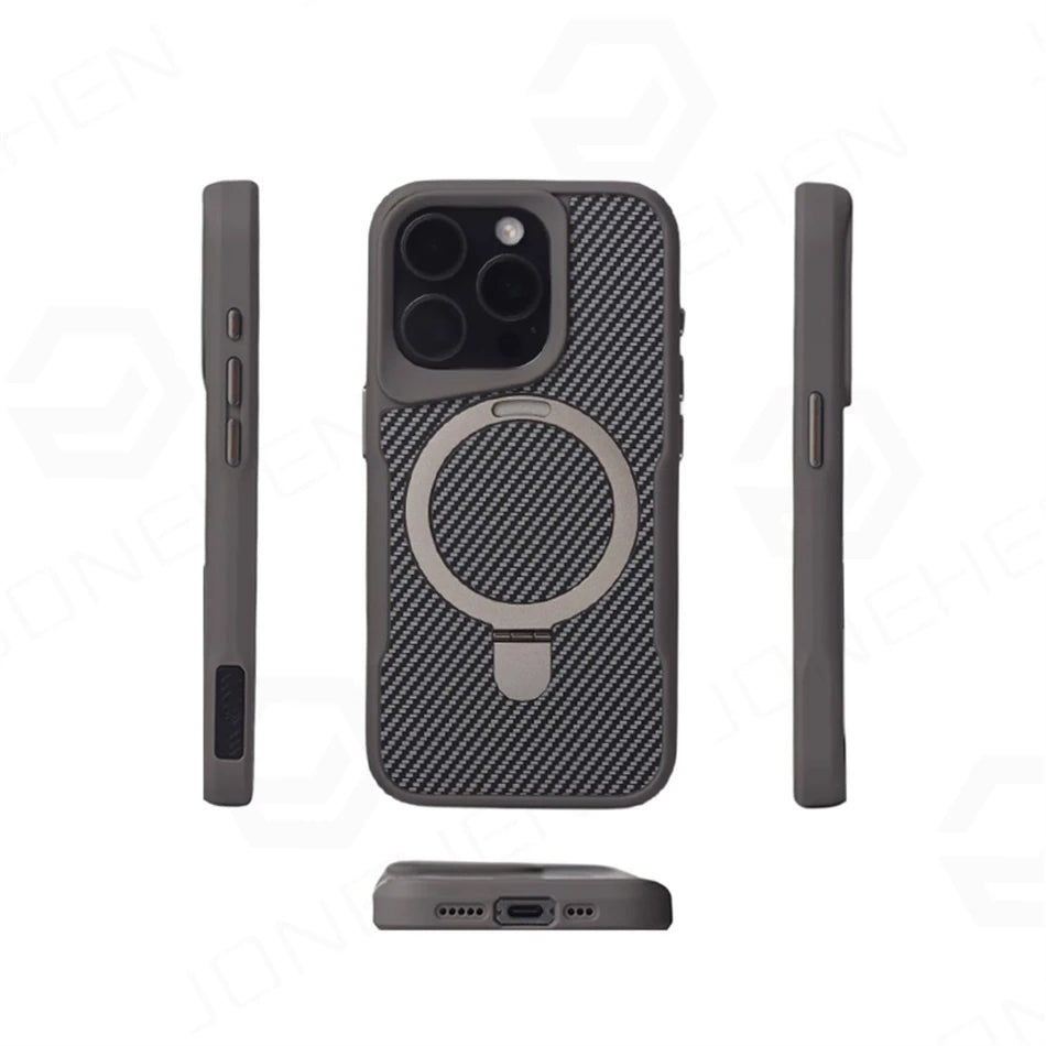 Luxury For Magsafe Shockproof Frame Armor Case For iPhone 13 15 12 14 16 17 Pro Max Metal Bracket Carbon Fiber Pattern Cover - Omnia 