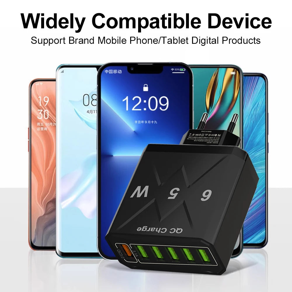 65W 6 Ports USB Charger Fast Charging QC3.0 Travel Charger For iPhone 14 Samsung Xiaomi Mobile Phone Adapter EU KR US UK Plug - Omnia 