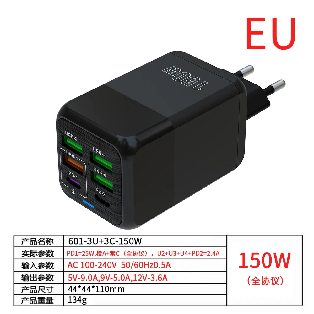 150W 6 Ports Pd QC 4.0 Usb C Fast Charger Wall Adapter Super Fast Charging For Iphone Samsung Ipad Xiaomi Huawei Oneplus Oppo - Omnia 