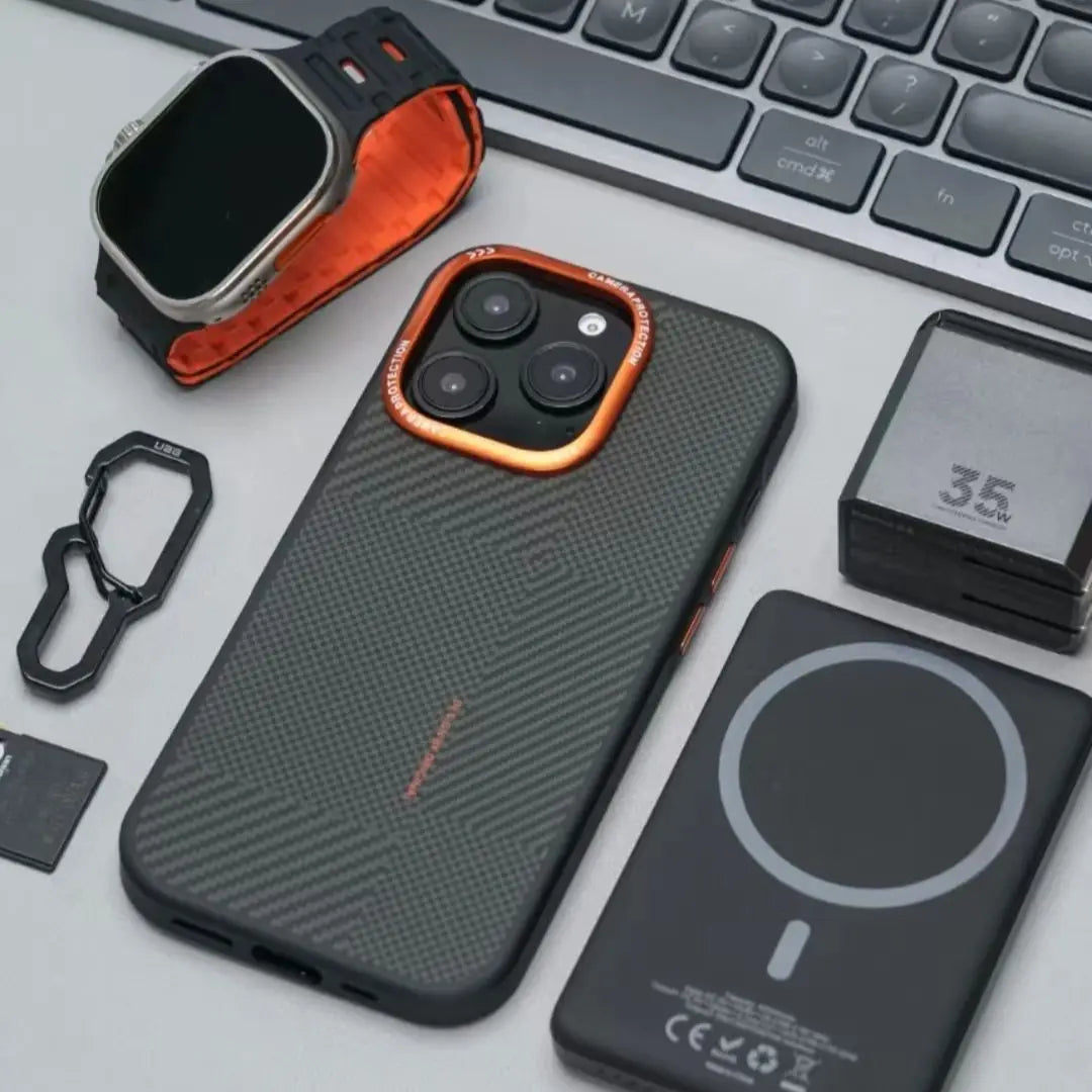 Matte Carbon Fiber Texture Magnetic Case For iPhone 16 15 14 Pro Max Wireless Charging Alloy Lens Shockproof MagSafe Phone Cover - Omnia 