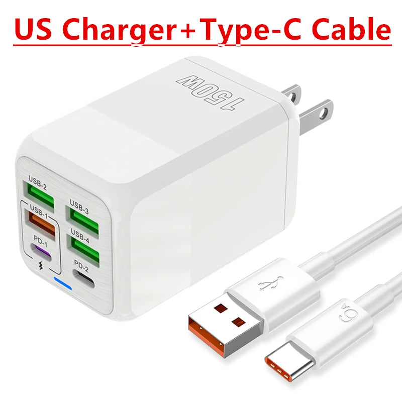 150W 6 Ports Pd QC 4.0 Usb C Fast Charger Wall Adapter Super Fast Charging For Iphone Samsung Ipad Xiaomi Huawei Oneplus Oppo - Omnia 