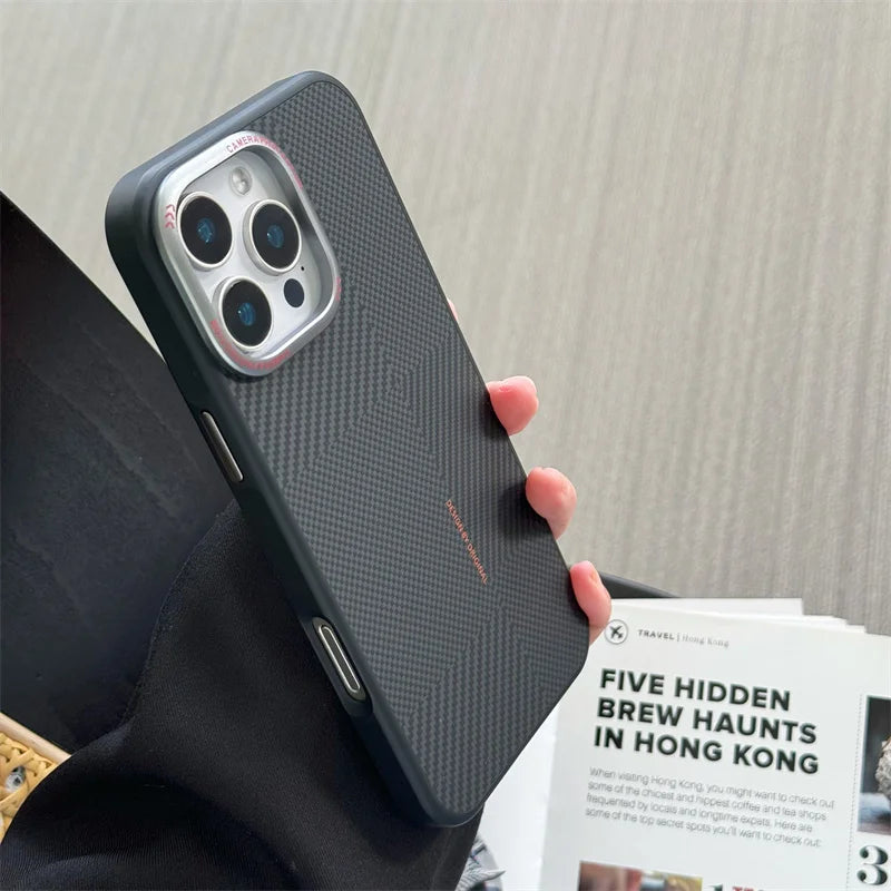 Matte Carbon Fiber Texture Magnetic Case For iPhone 16 15 14 Pro Max Wireless Charging Alloy Lens Shockproof MagSafe Phone Cover - Omnia 