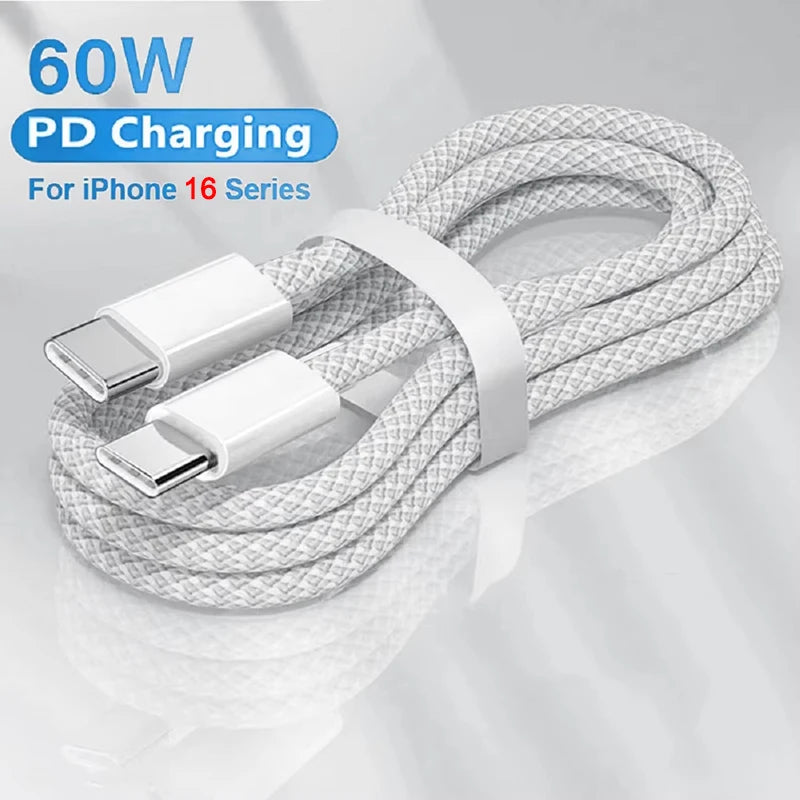 PD 60W USB-C Cable For Apple iPhone 16e 16 15 Pro Max Plus Fast Charging Type C to Type C Cable Charger Data Line Wire Accessory - Omnia 