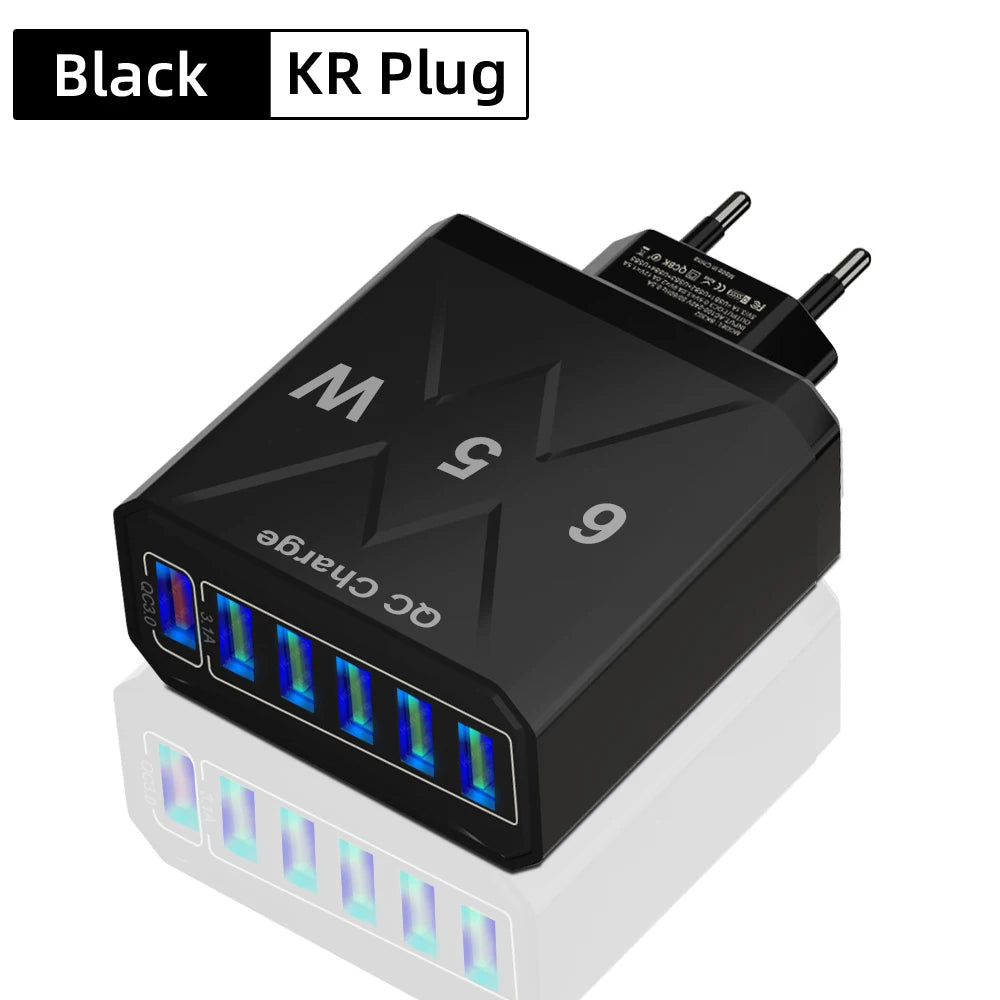 65W 6 Ports USB Charger Fast Charging QC3.0 Travel Charger For iPhone 14 Samsung Xiaomi Mobile Phone Adapter EU KR US UK Plug - Omnia 