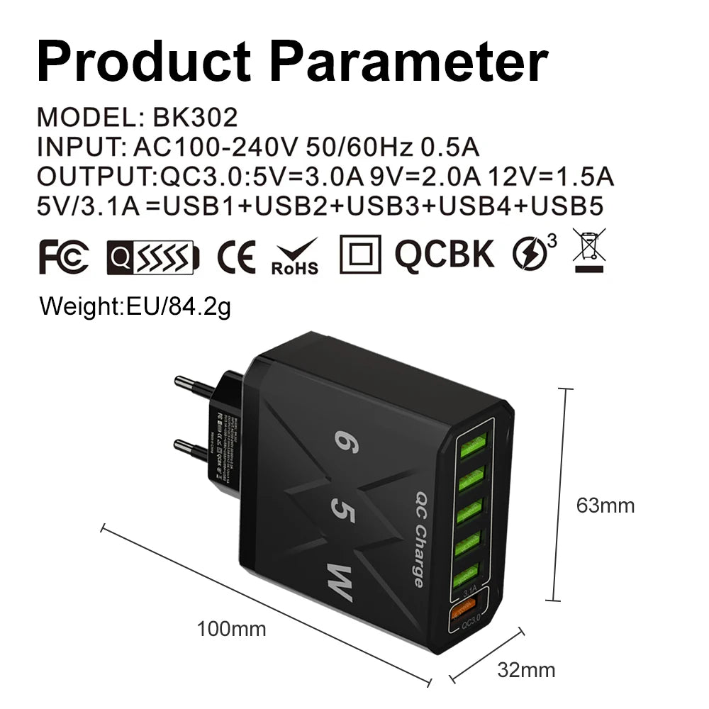 65W 6 Ports USB Charger Fast Charging QC3.0 Travel Charger For iPhone 14 Samsung Xiaomi Mobile Phone Adapter EU KR US UK Plug - Omnia 